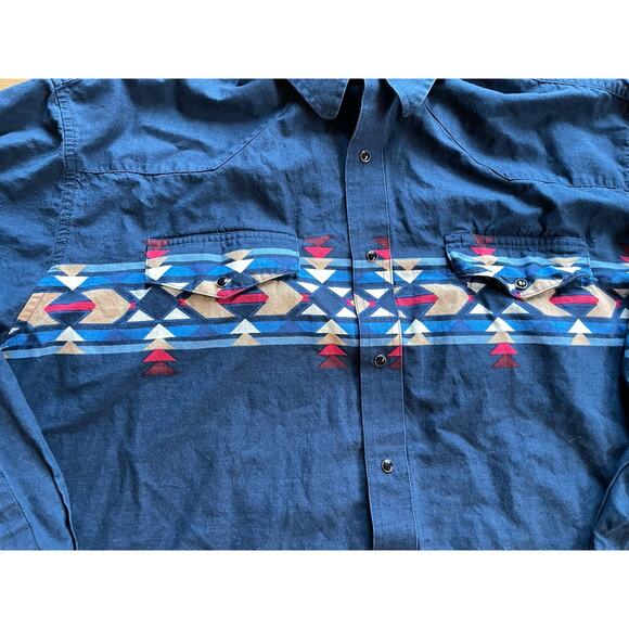 VTG Wrangler Western Shirt Men 2XL Blue Aztec Pearl Snap Rodeo Cowboy Southwest - Picture 10 of 10